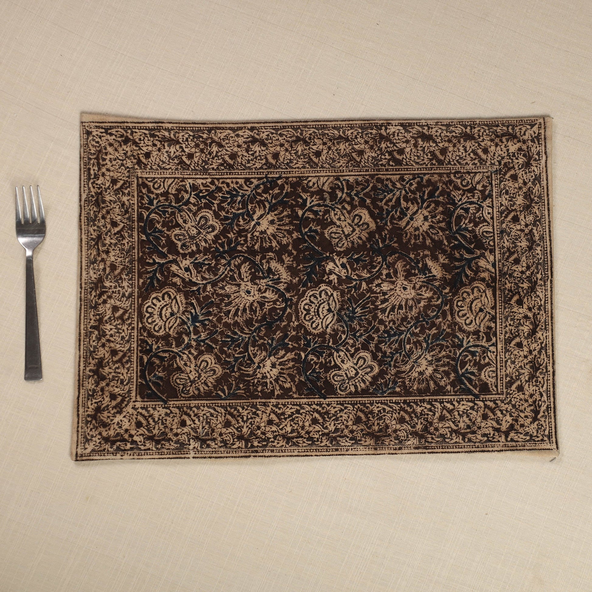 Brown - Original Pedana Kalamkari Block Printed Cotton Table Mat (18 x 13 in) 14