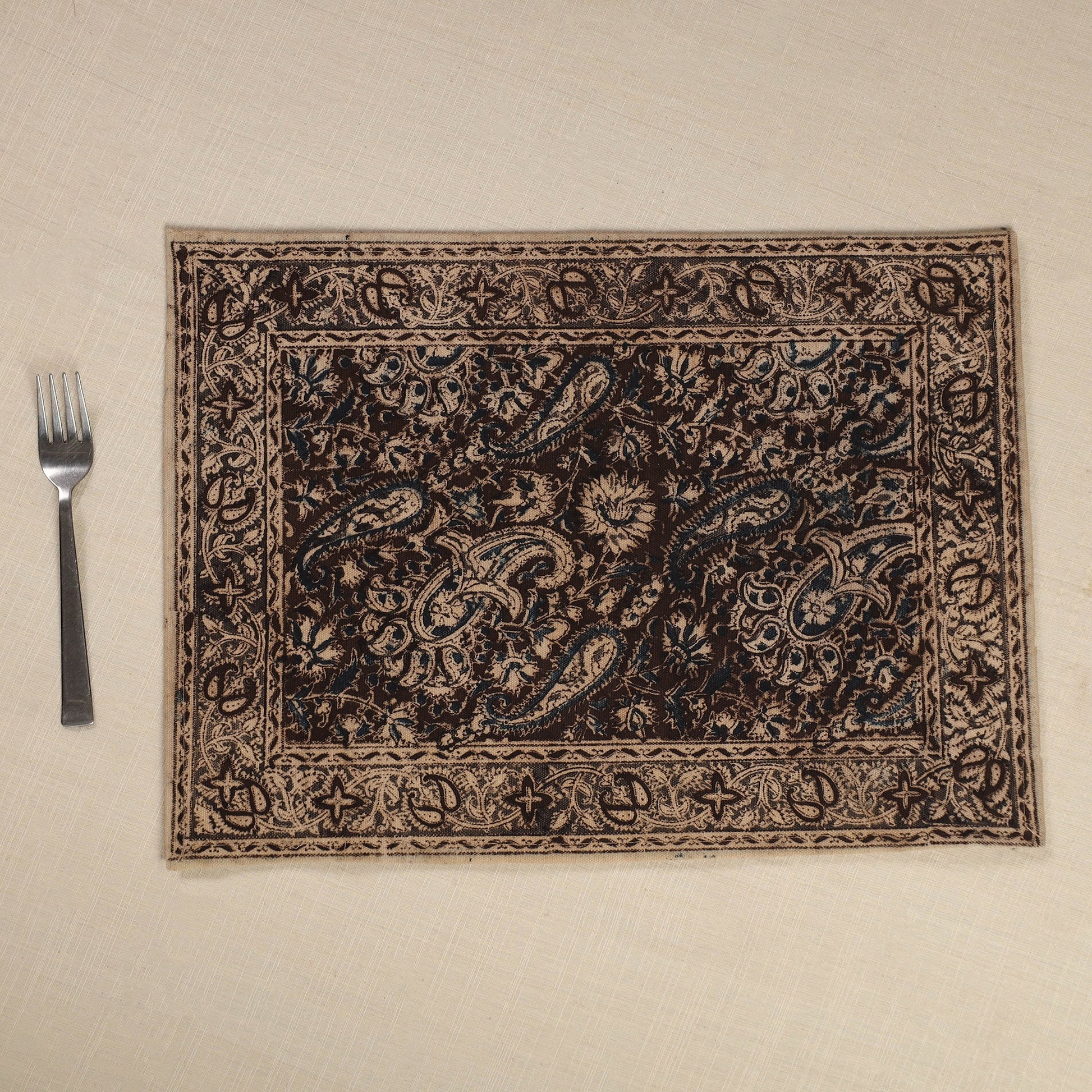 Brown - Original Pedana Kalamkari Block Printed Cotton Table Mat (18 x 13 in) 17