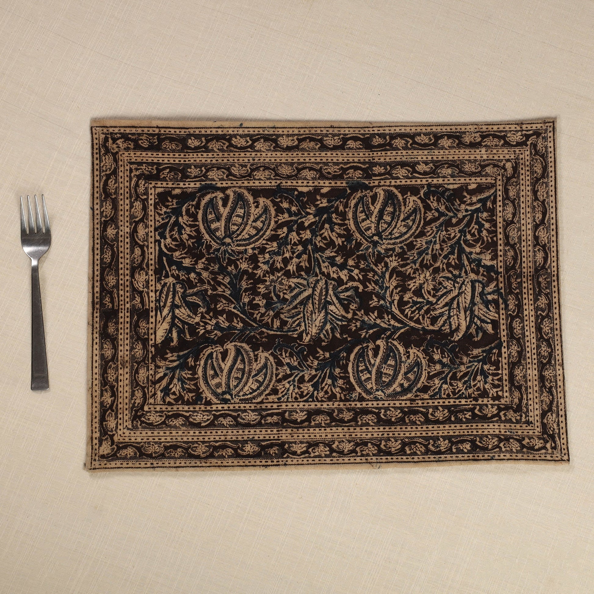 Brown - Original Pedana Kalamkari Block Printed Cotton Table Mat (18 x 13 in) 15