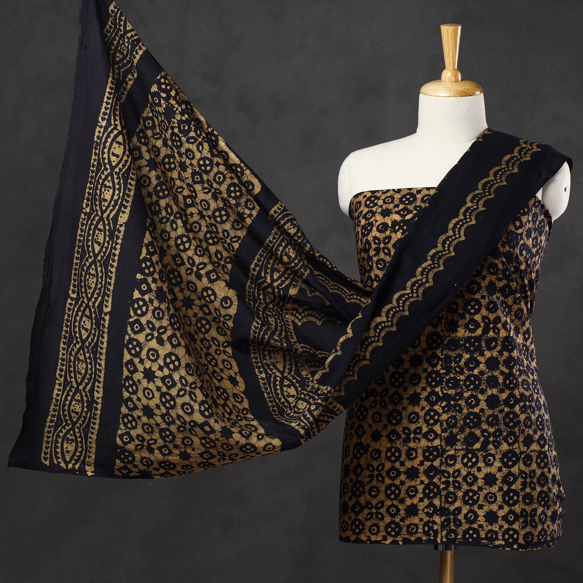 Brown - 3pc Cotton Kutch Batik Print Dress Material 07