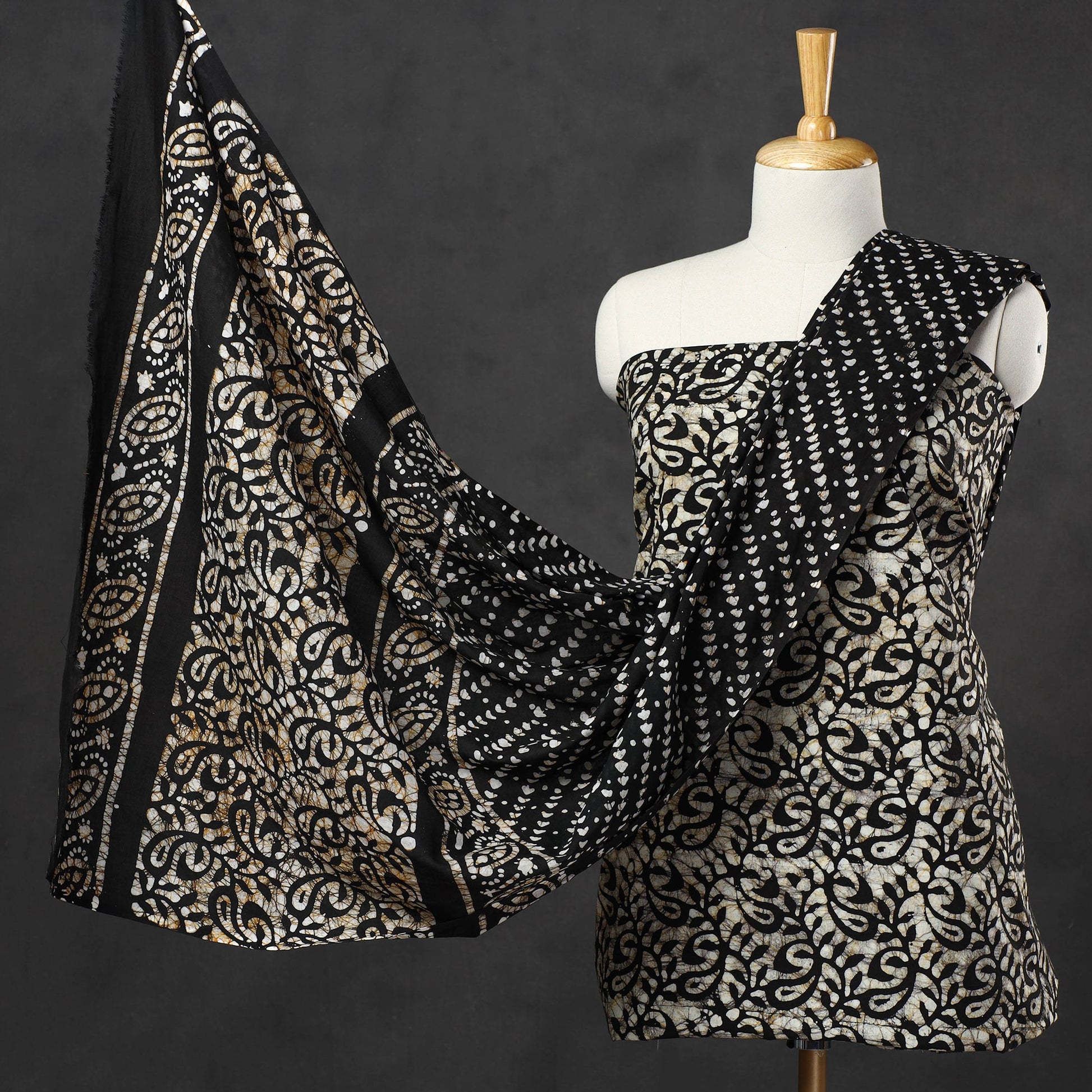 Black - 3pc Cotton Kutch Batik Print Dress Material 10