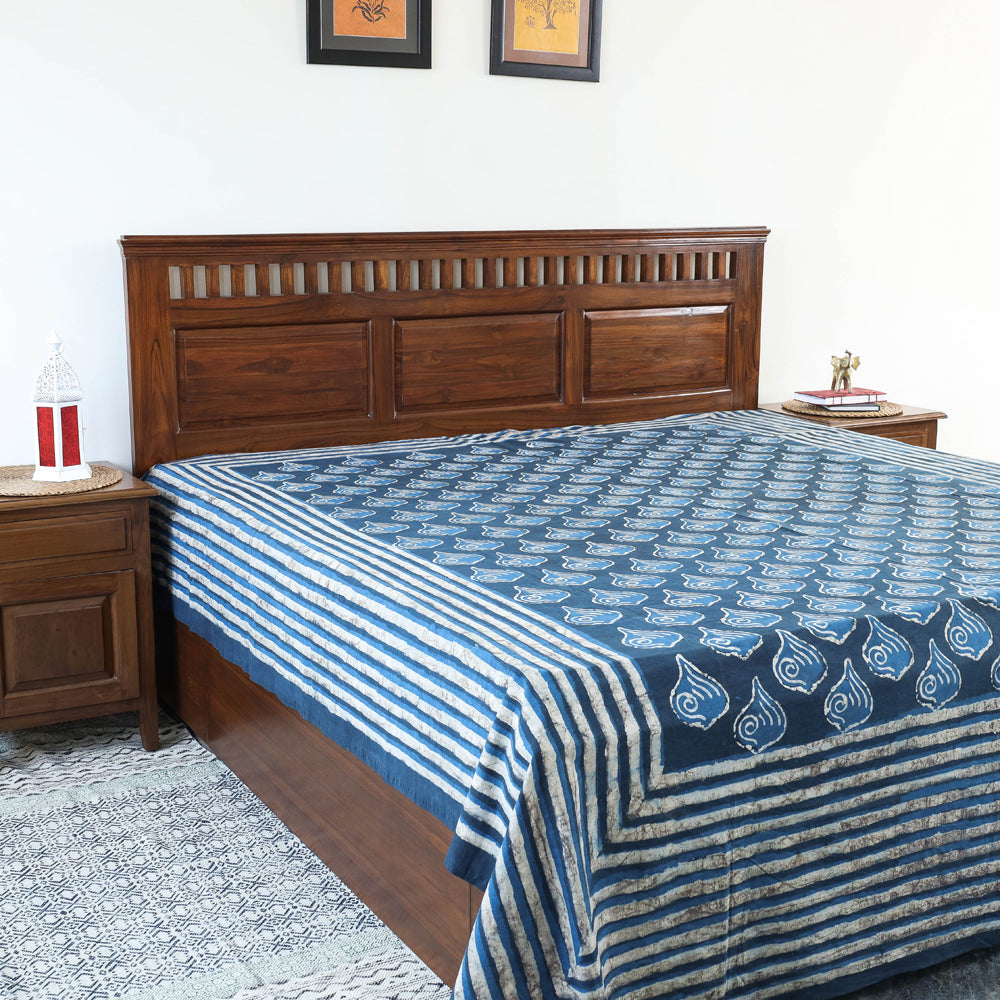 Blue - Block Art Print Cotton Double Bindaas Bed Sheet (110 x 93 in)