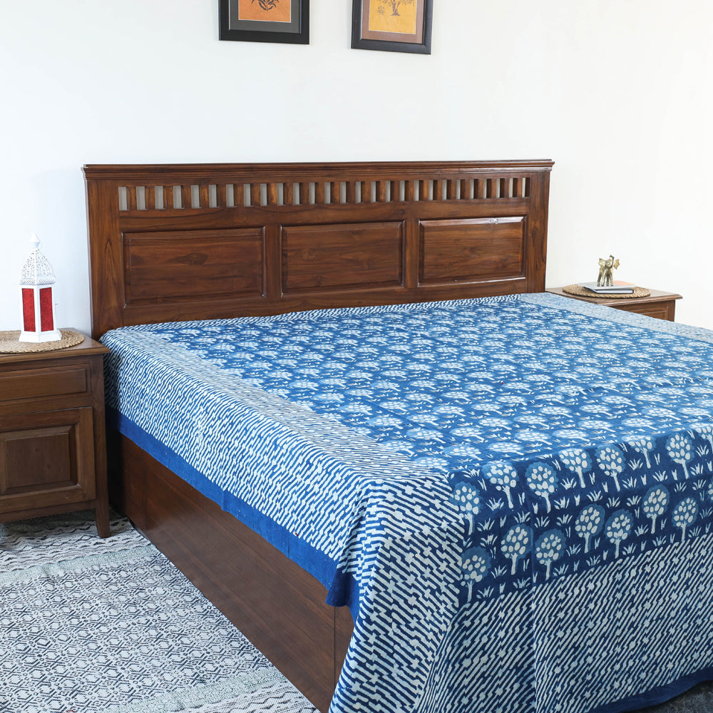 Blue - Block Art Print Cotton Double Bindaas Bed Sheet (110 x 93 in)