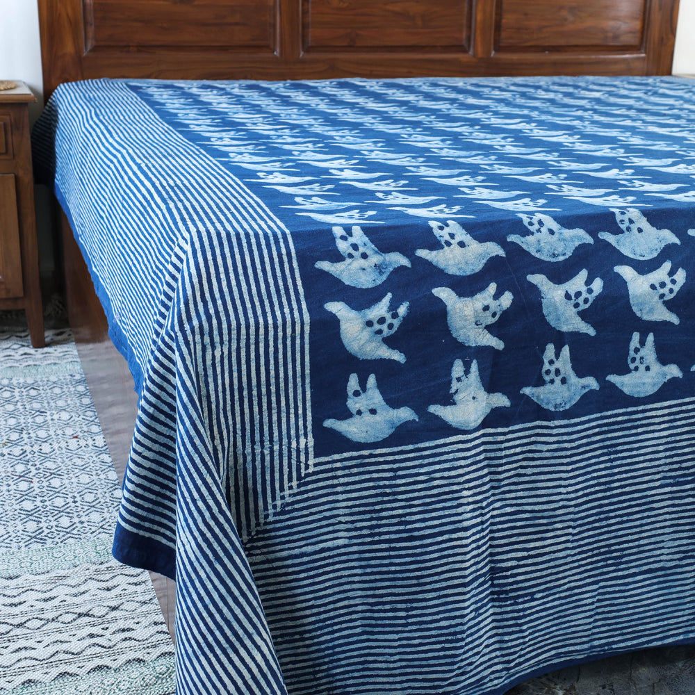 Blue - Block Art Print Cotton Double Bindaas Bed Sheet (110 x 93 in)