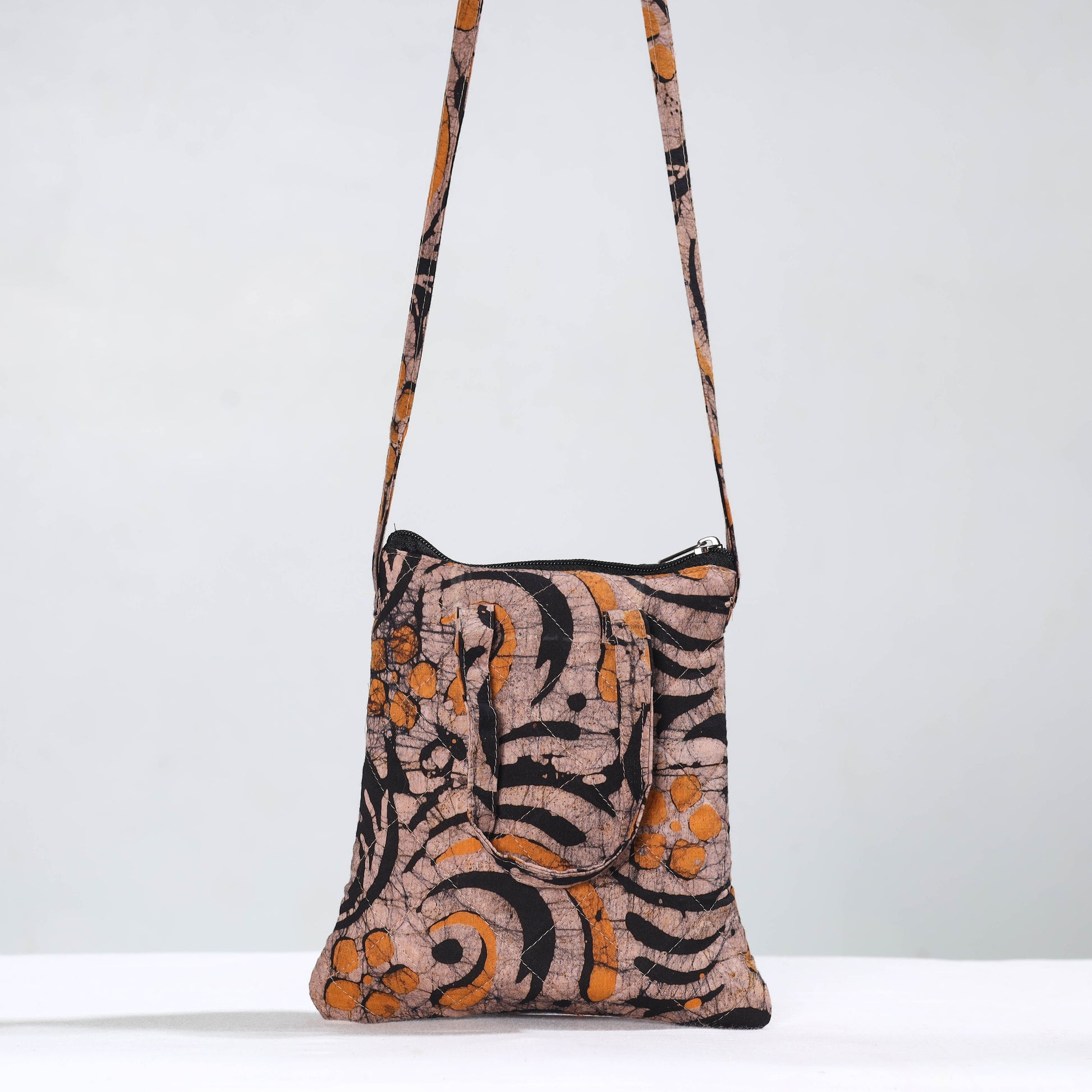 Brown - Hand Batik Printed Quilted Cotton Sling Bag 16