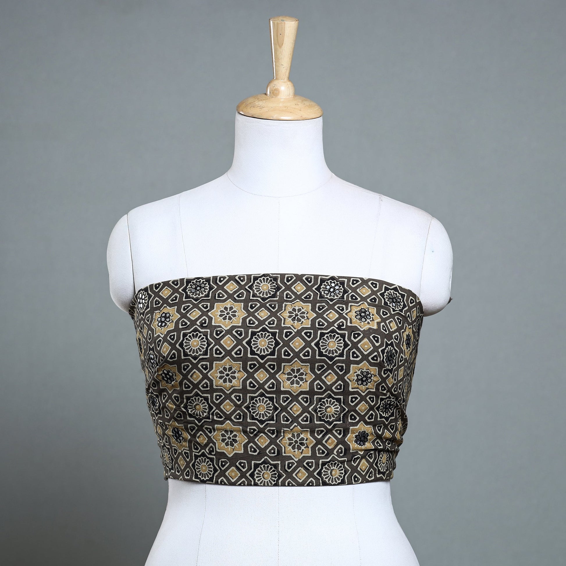 Brown - Hand Embroidered Ajrakh Cotton Blouse Piece