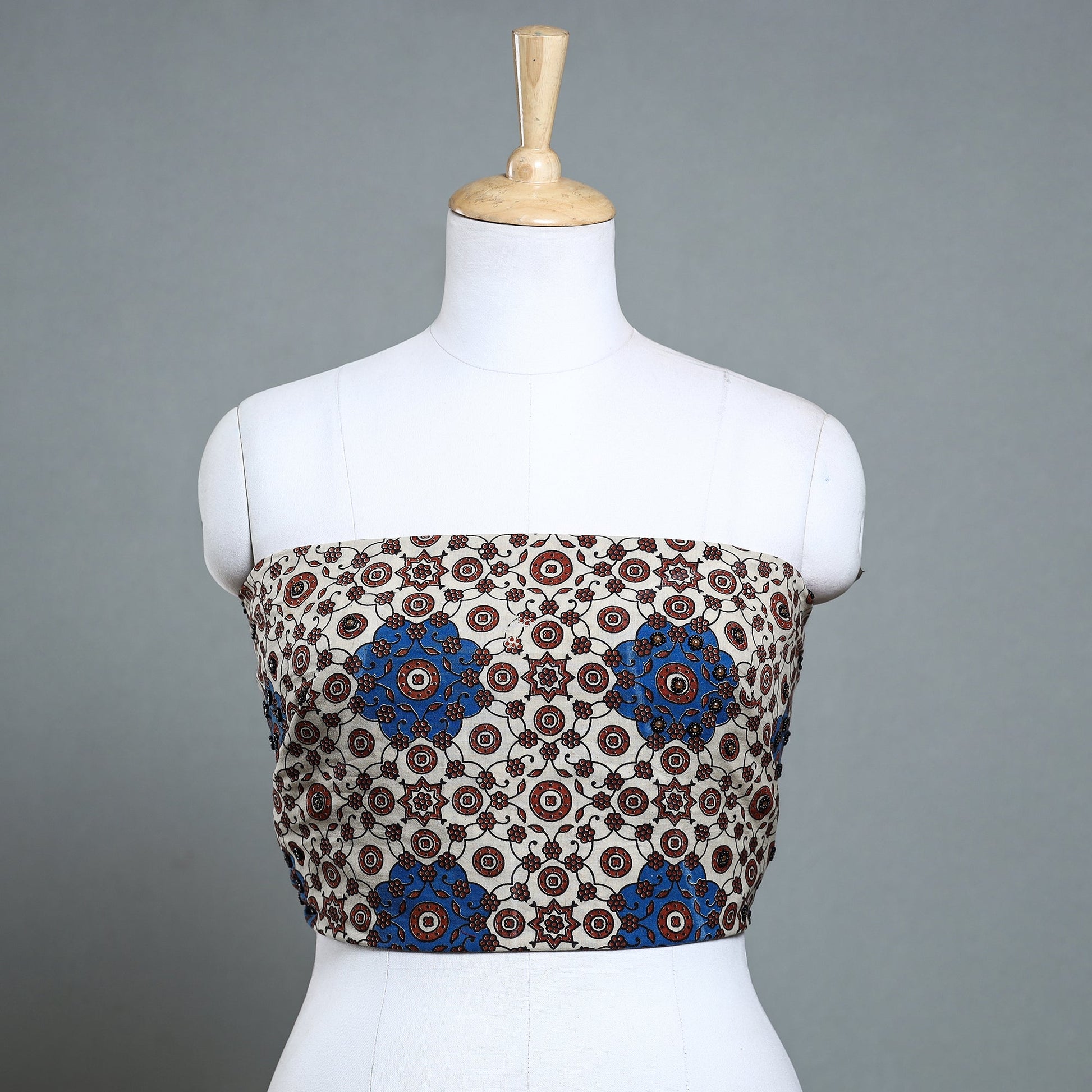 Beige - Hand Embroidered Ajrakh Cotton Blouse Piece
