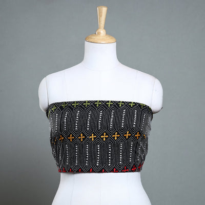 Black - Bengal Kantha Embroidery Pure Cotton Blouse Piece