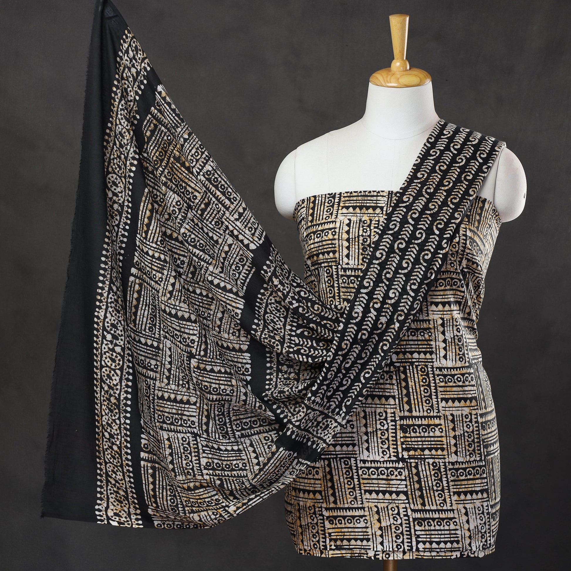 Black - 3pc Cotton Kutch Batik Print Dress Material 26