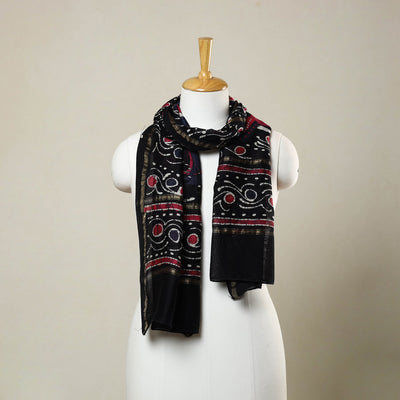 Black - Handloom Chanderi Silk Hand Batik Print Stole 03