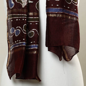 Brown - Handloom Chanderi Silk Hand Batik Print Stole 09