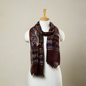 Brown - Handloom Chanderi Silk Hand Batik Print Stole 09