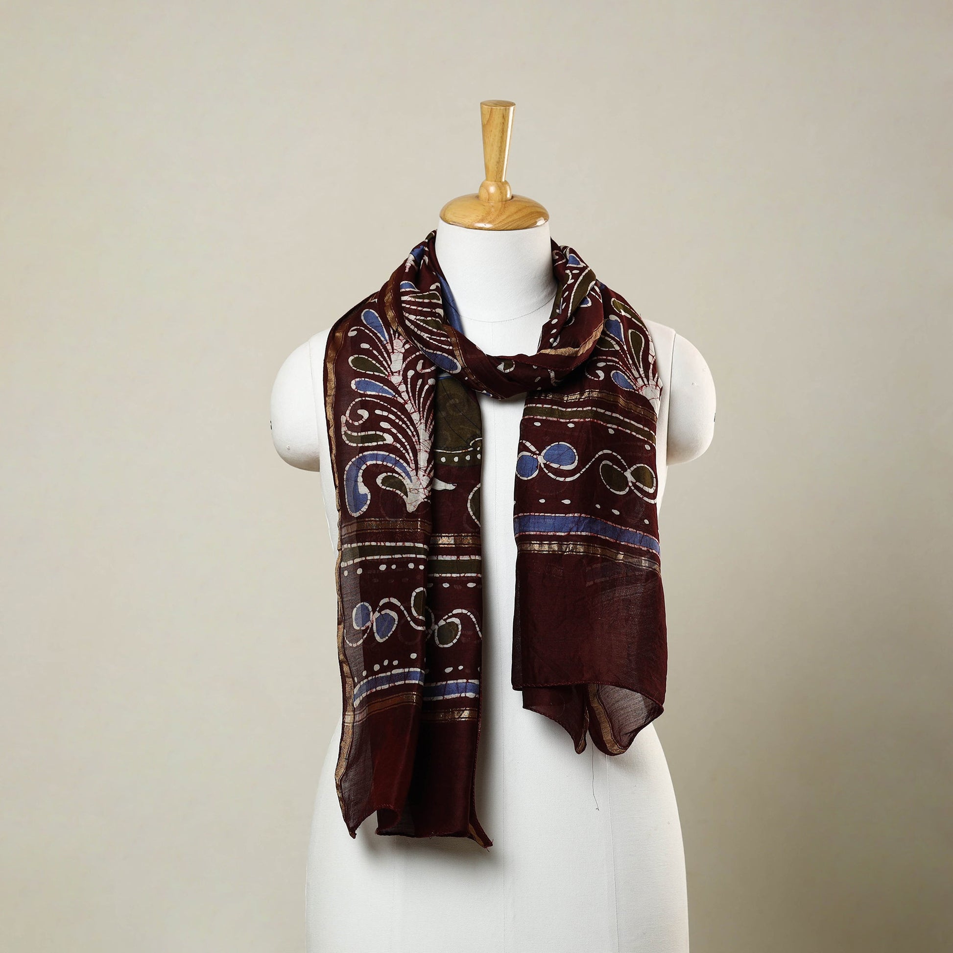 Brown - Handloom Chanderi Silk Hand Batik Print Stole 09