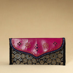 Black - Kutch Embroidery Mashru Silk Handmade Leather Wallet 05