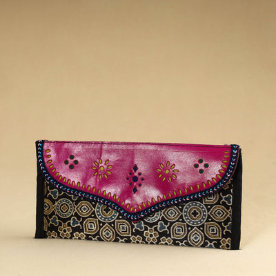 Black - Kutch Embroidery Mashru Silk Handmade Leather Wallet 05