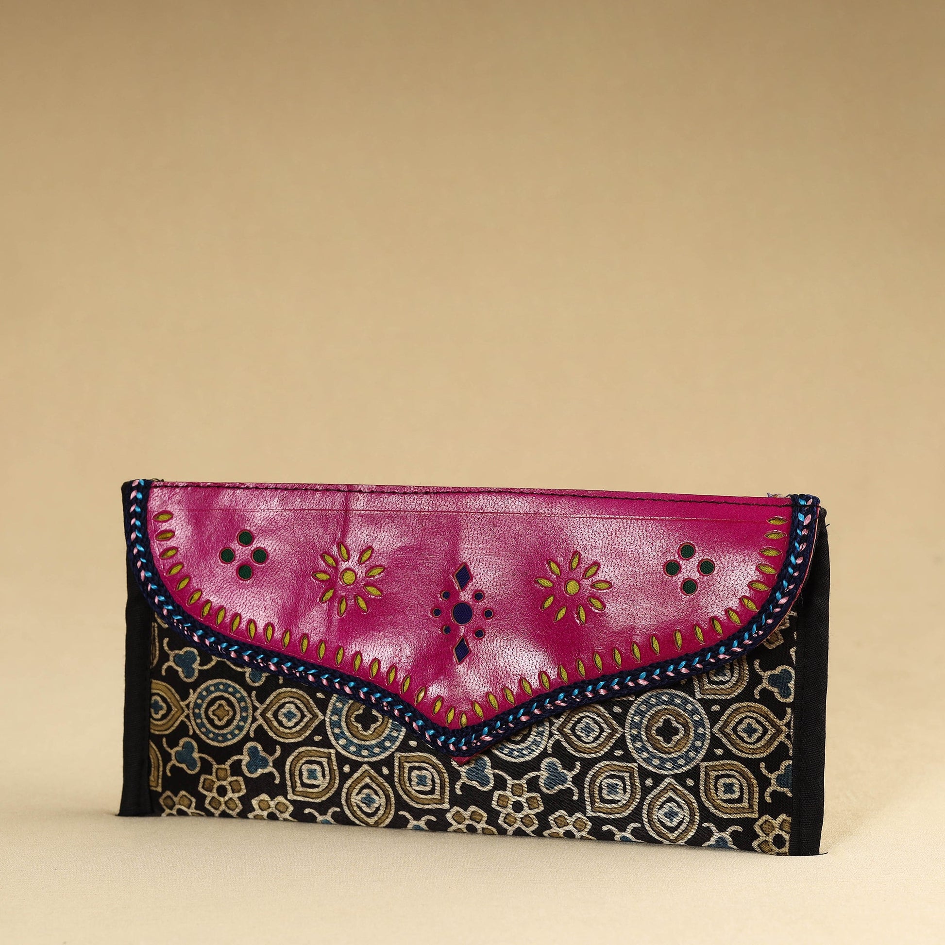 Black - Kutch Embroidery Mashru Silk Handmade Leather Wallet 05