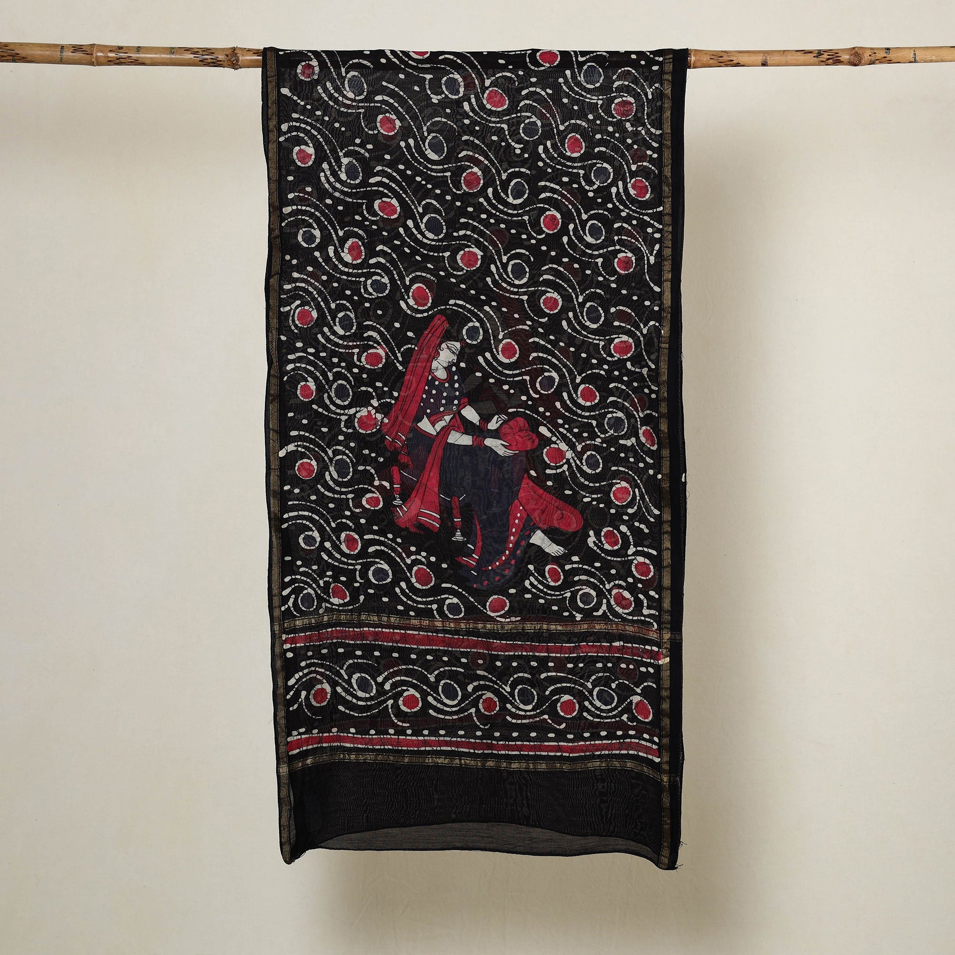 Black - Handloom Chanderi Silk Hand Batik Print Stole 03