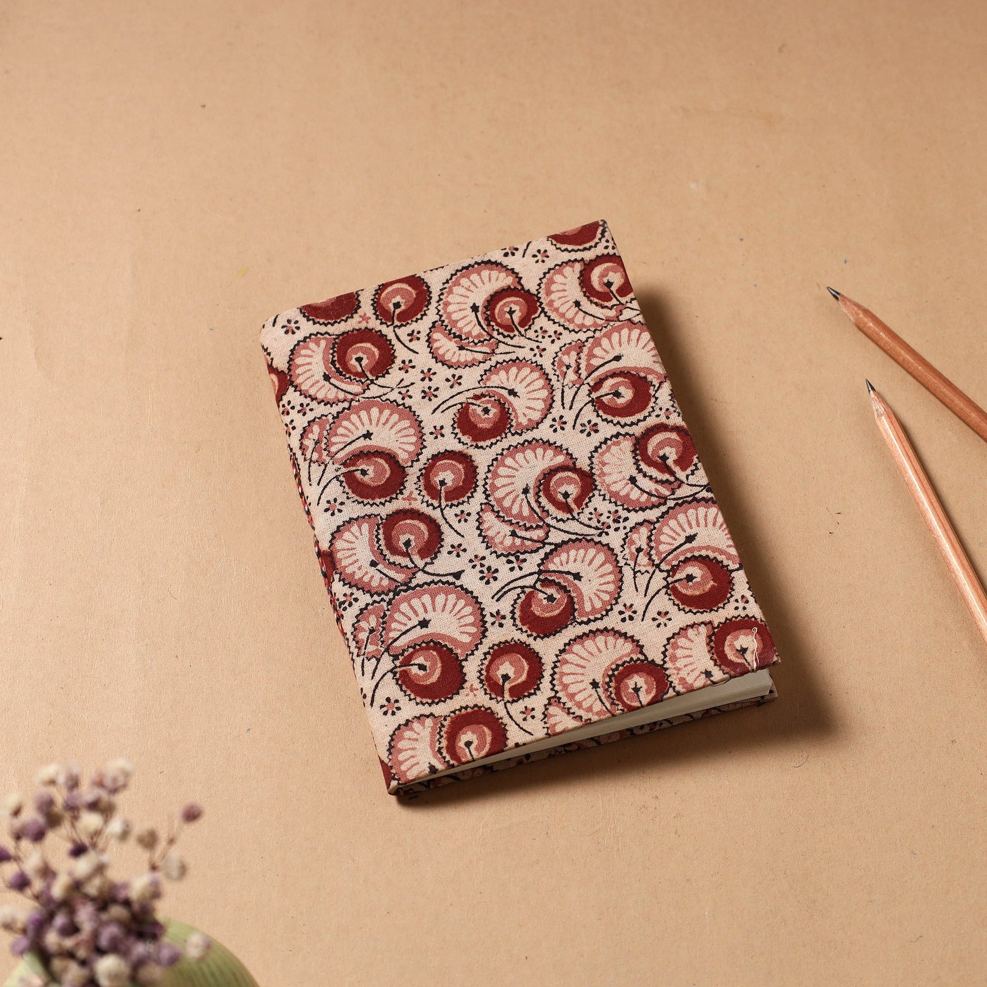 Beige - Kalamkari Fabric Cover Handmade Paper Notebook (7 x 5 in)