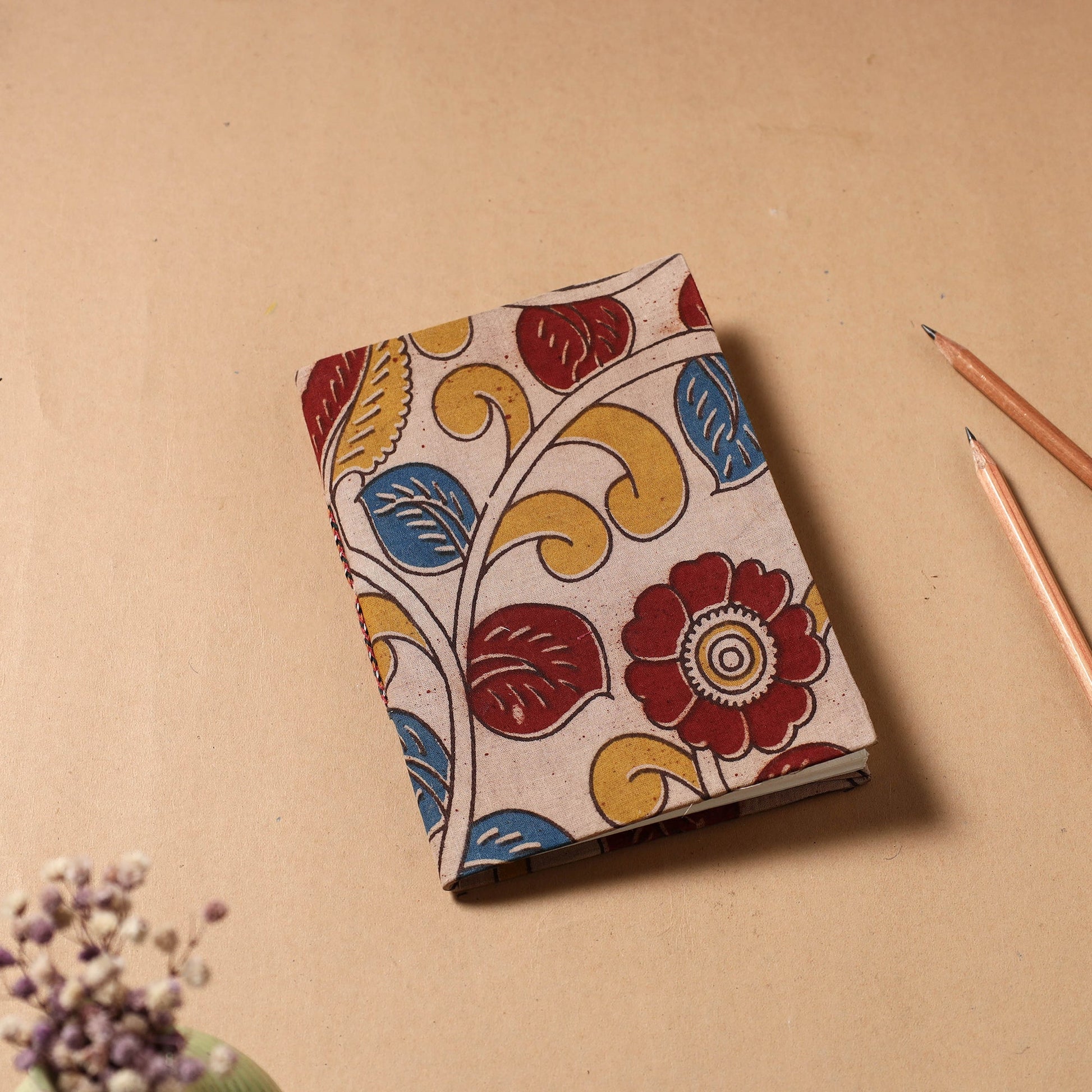 Beige - Kalamkari Fabric Cover Handmade Paper Notebook (7 x 5 in)