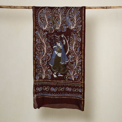 Brown - Handloom Chanderi Silk Hand Batik Print Stole 09