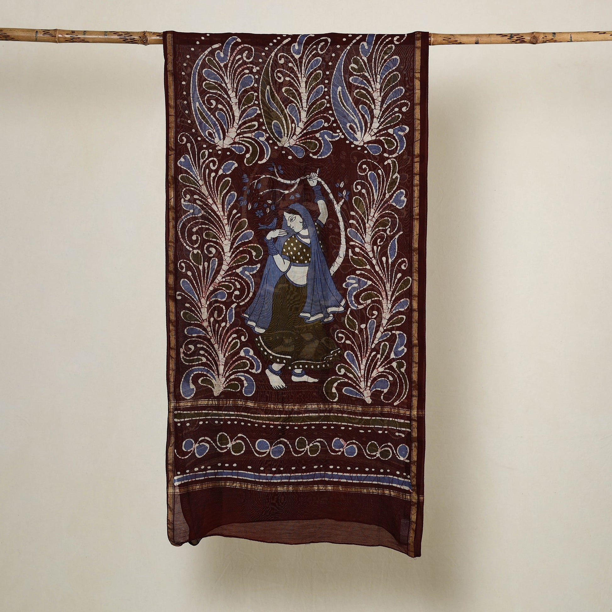 Brown - Handloom Chanderi Silk Hand Batik Print Stole 09