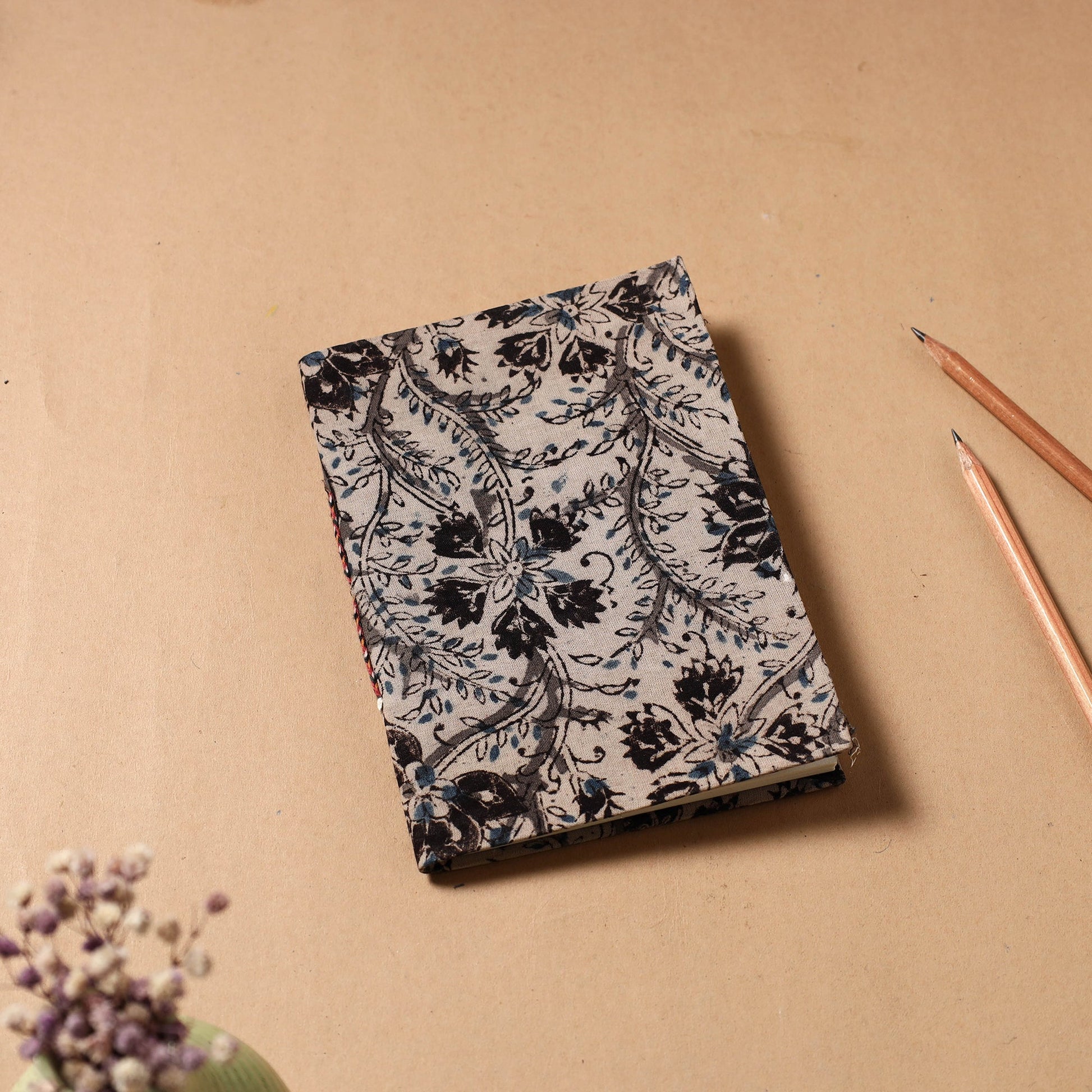 Beige - Kalamkari Fabric Cover Handmade Paper Notebook (7 x 5 in)