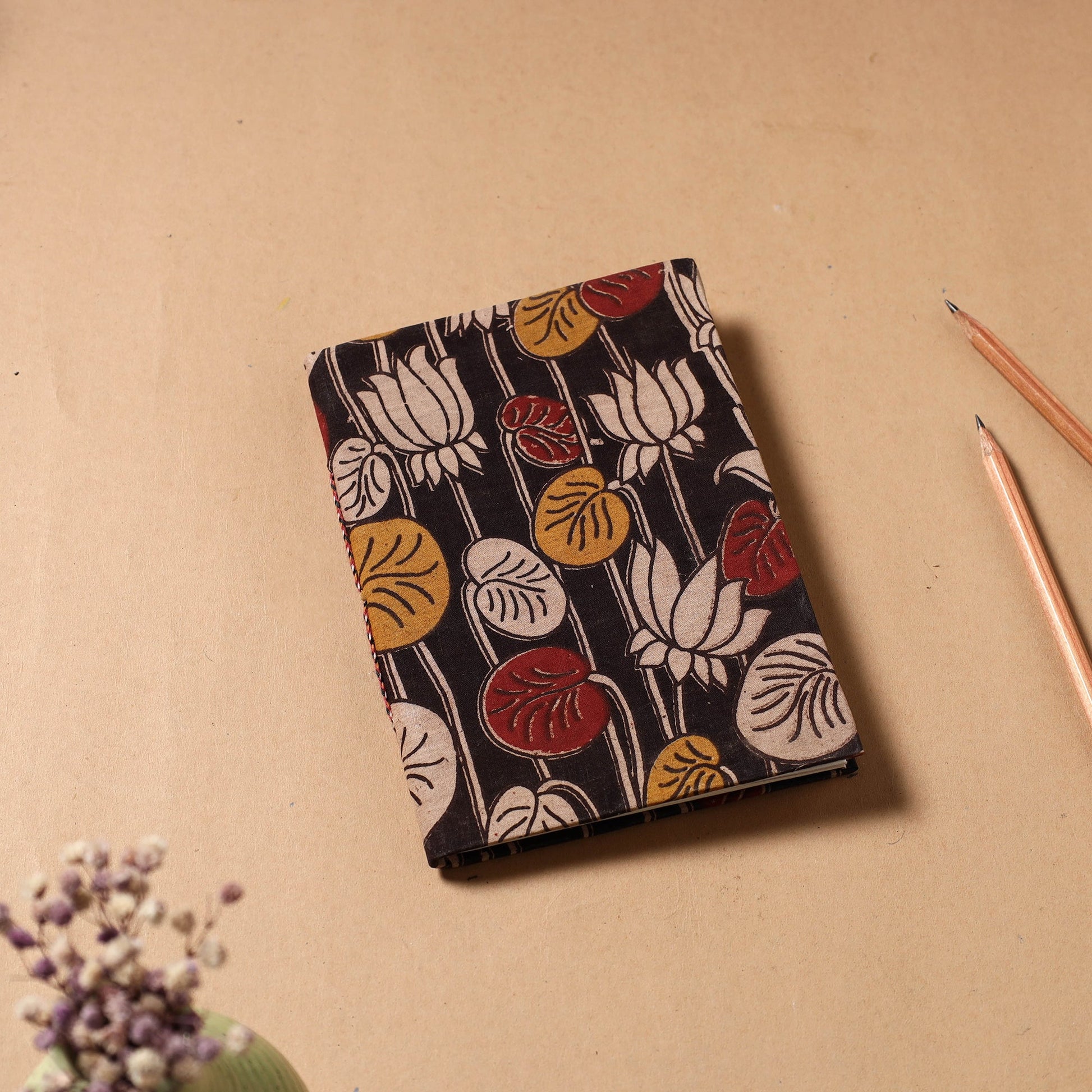 Black - Kalamkari Fabric Cover Handmade Paper Notebook (7 x 5 in)