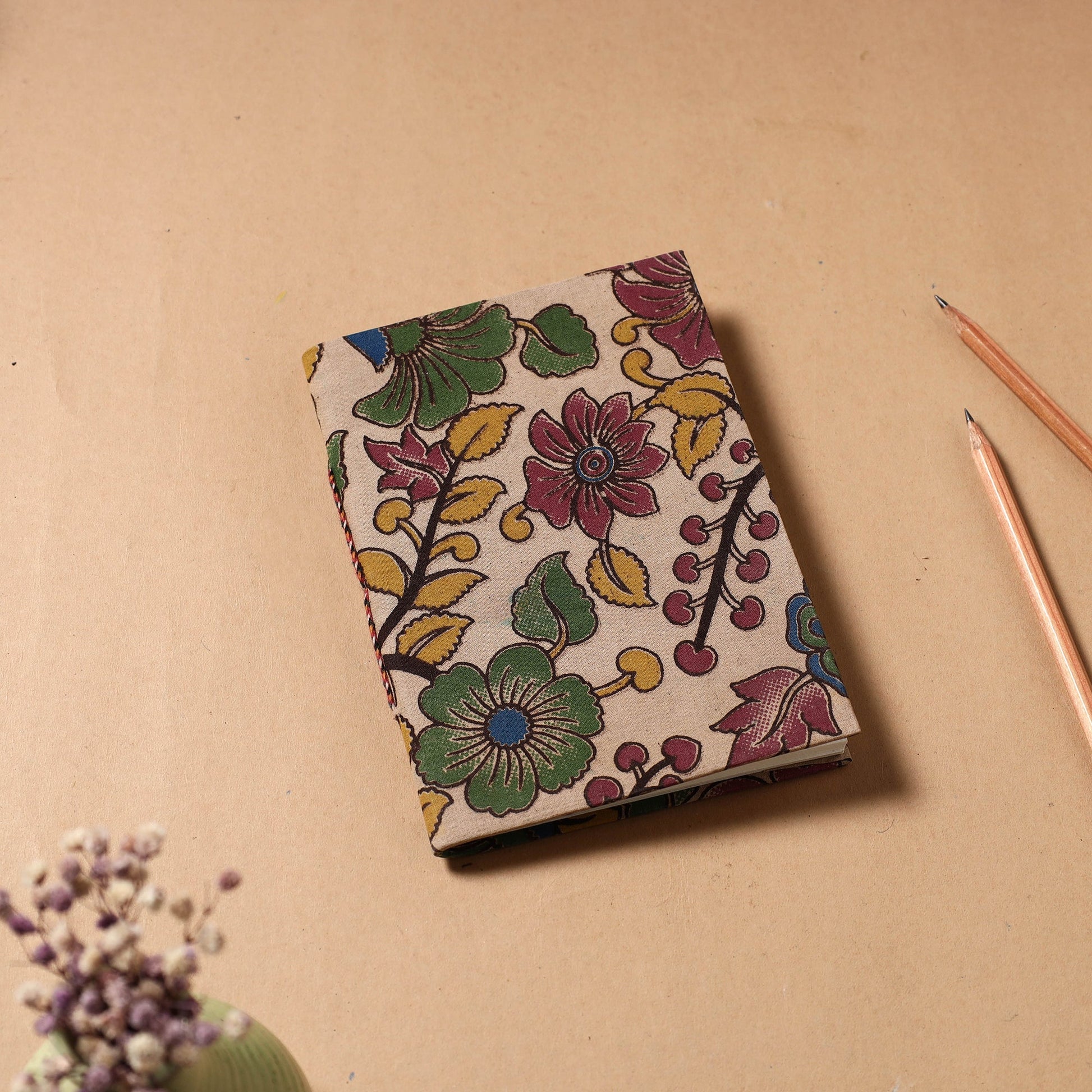 Beige - Kalamkari Fabric Cover Handmade Paper Notebook (7 x 5 in)