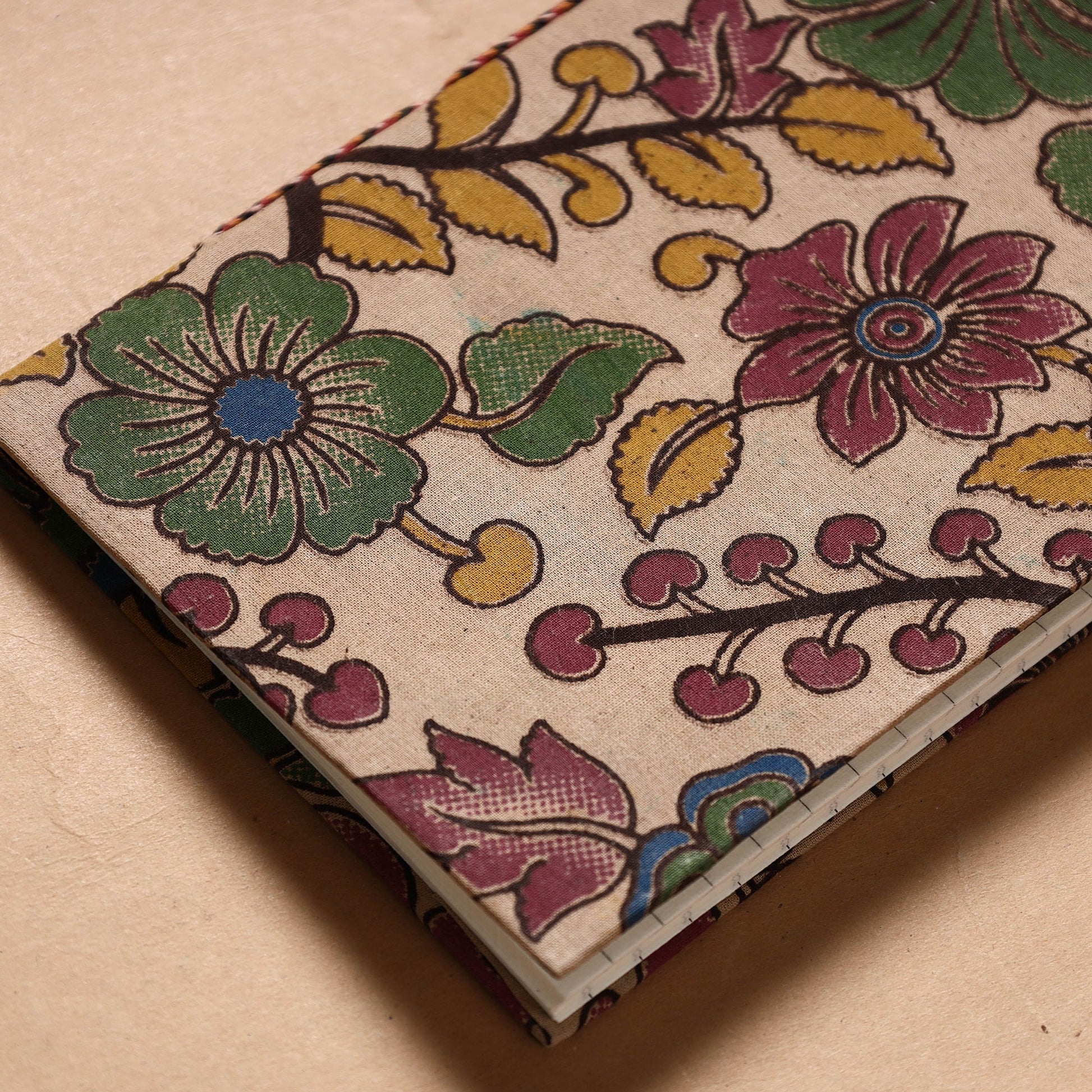 Beige - Kalamkari Fabric Cover Handmade Paper Notebook (7 x 5 in)