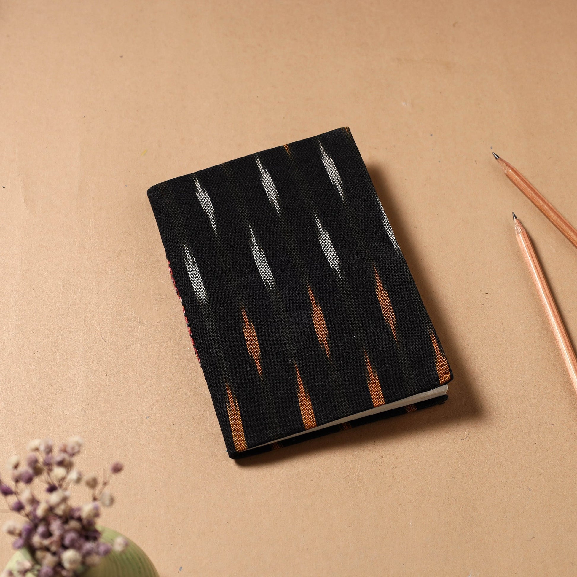 Black - Ikat Fabric Cover Handmade Paper Notebook (7 x 5 in)