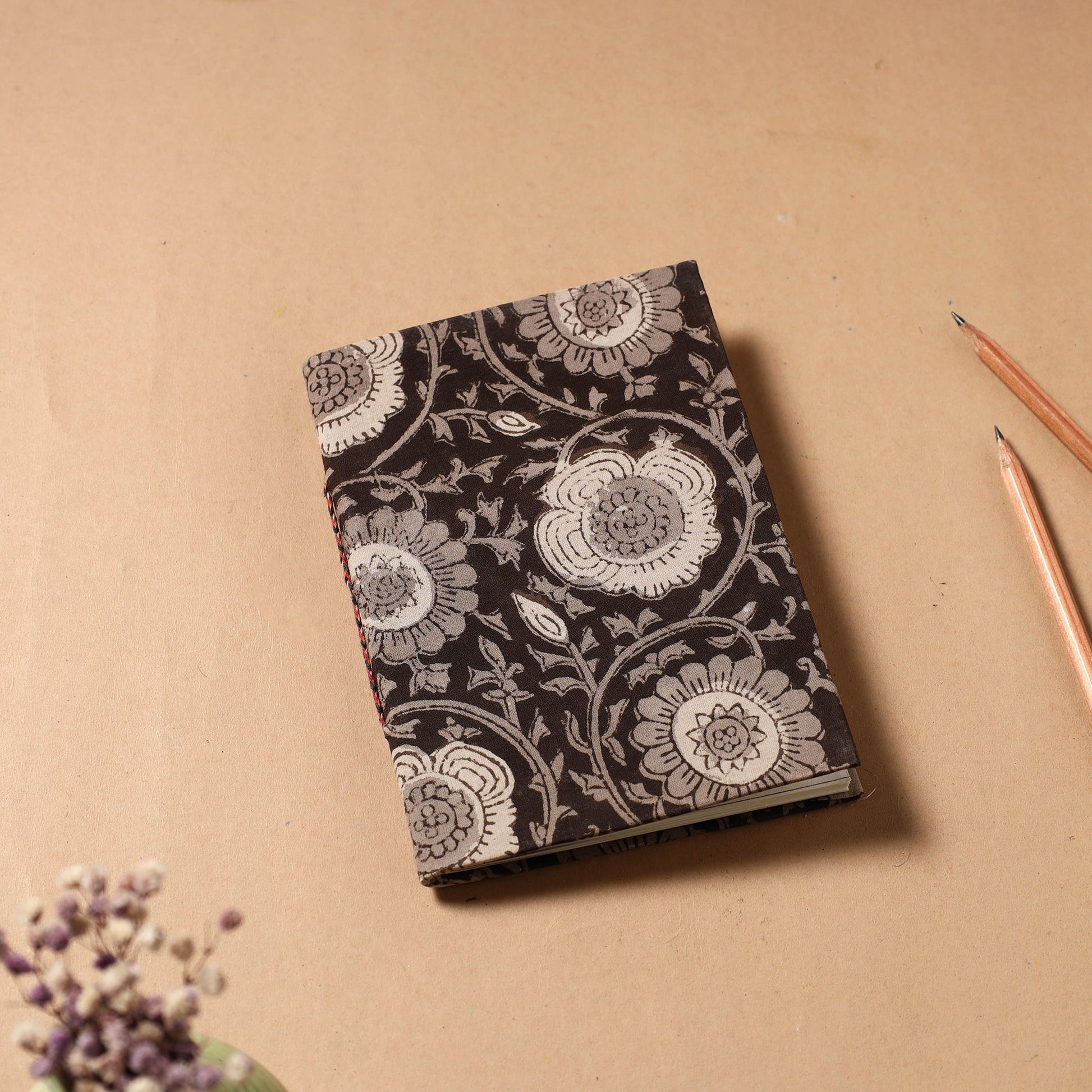 Black - Bagru Fabric Cover Handmade Paper Notebook (7 x 5 in)