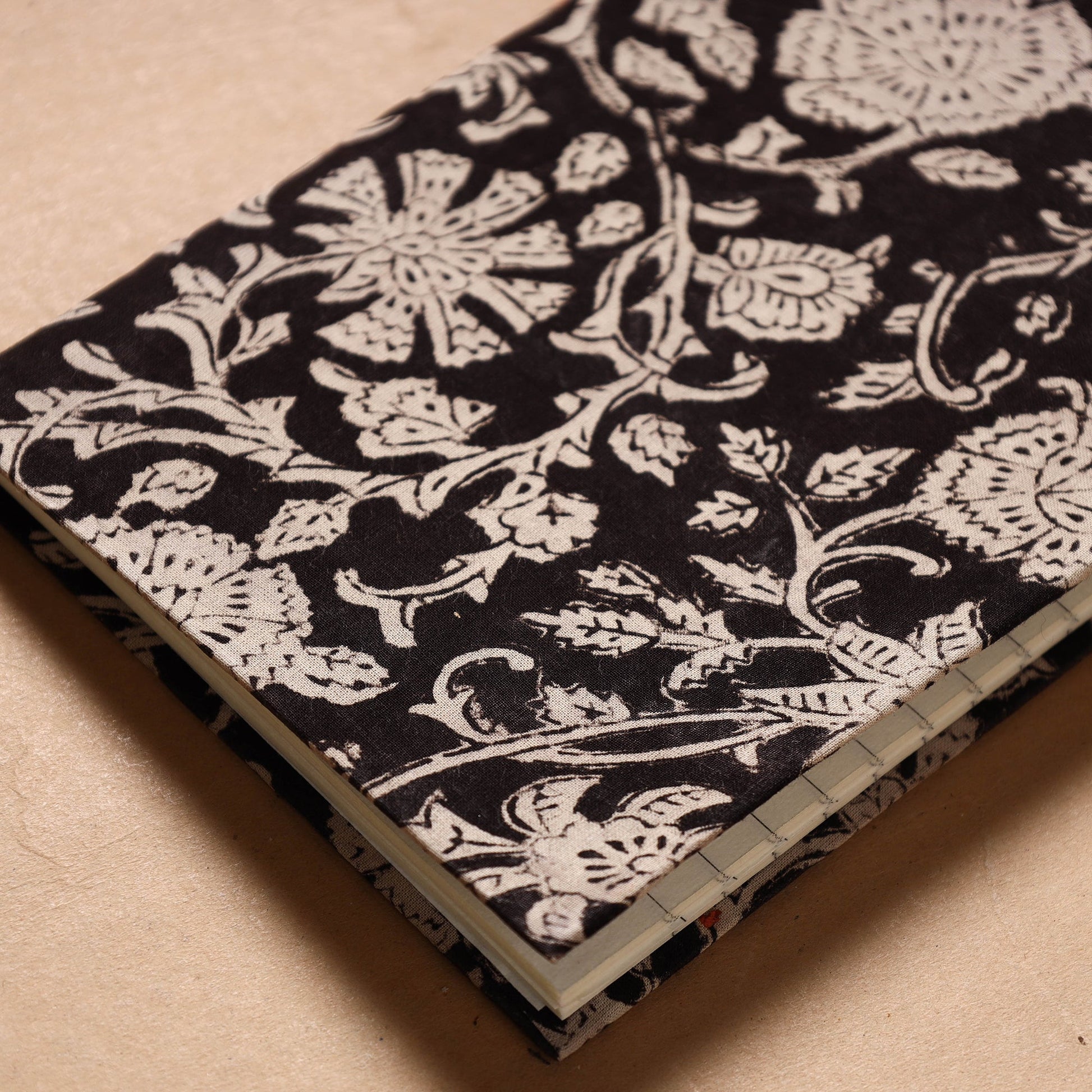 Black - Bagru Fabric Cover Handmade Paper Notebook (7 x 5 in)
