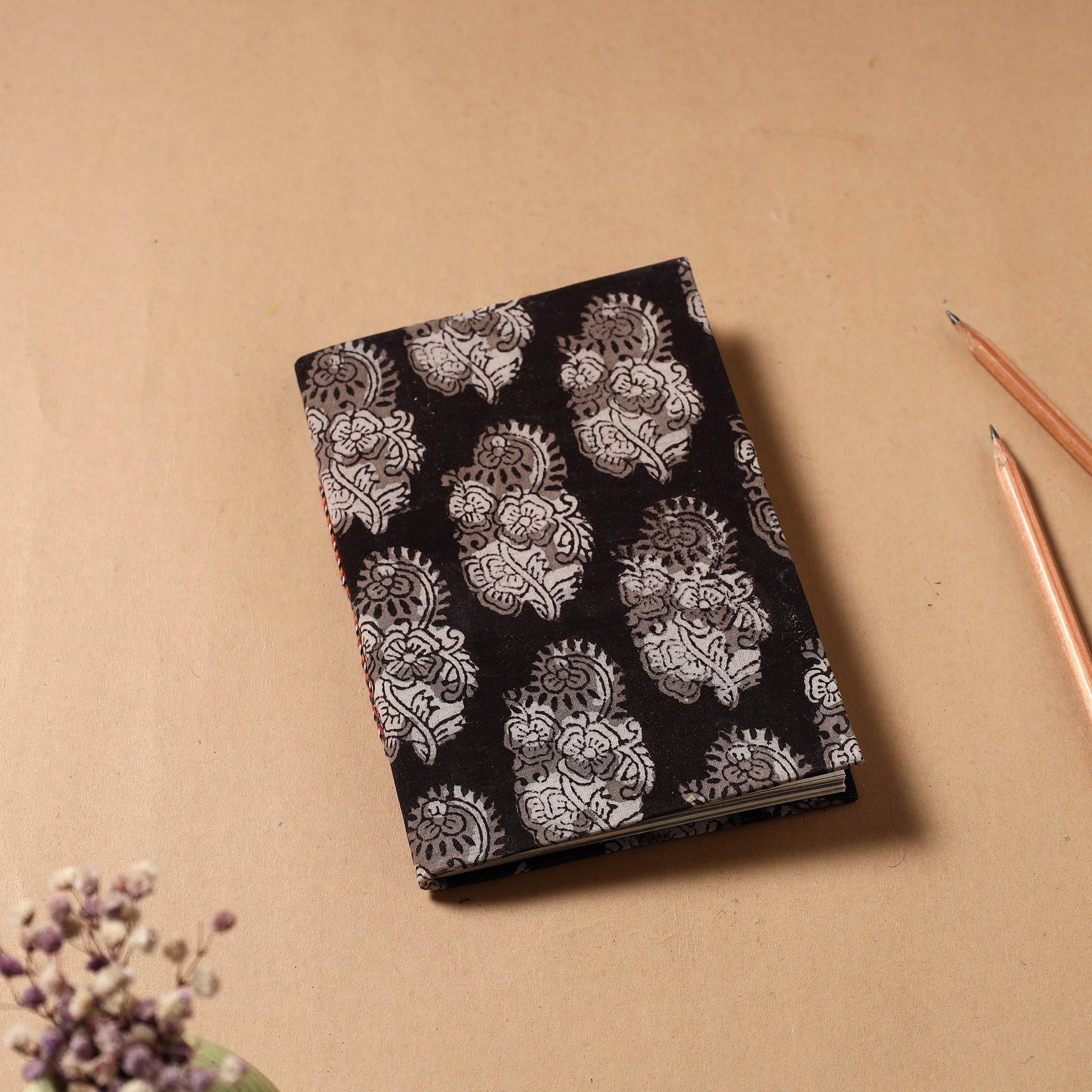 Black - Bagru Fabric Cover Handmade Paper Notebook (7 x 5 in)