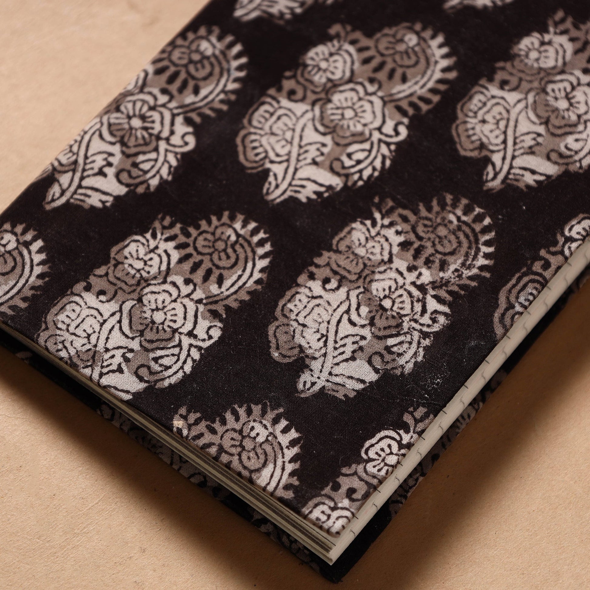 Black - Bagru Fabric Cover Handmade Paper Notebook (7 x 5 in)