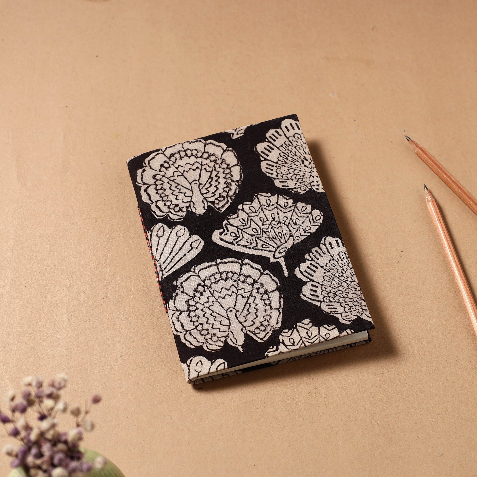 Black - Bagru Fabric Cover Handmade Paper Notebook (7 x 5 in)