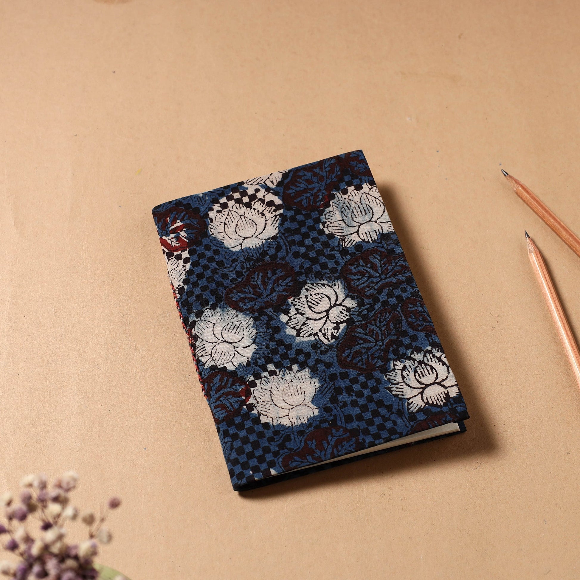 Blue - Bagru Fabric Cover Handmade Paper Notebook (7 x 5 in)