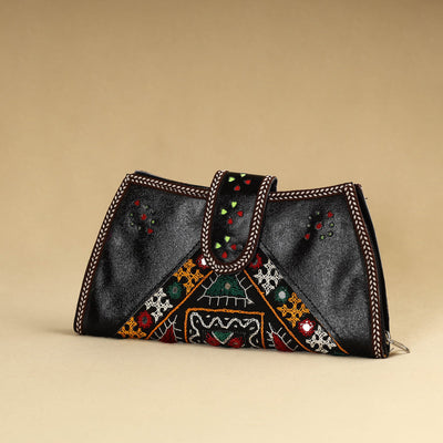 Black - Kutch Embroidery Cotton Handmade Leather Wallet 47