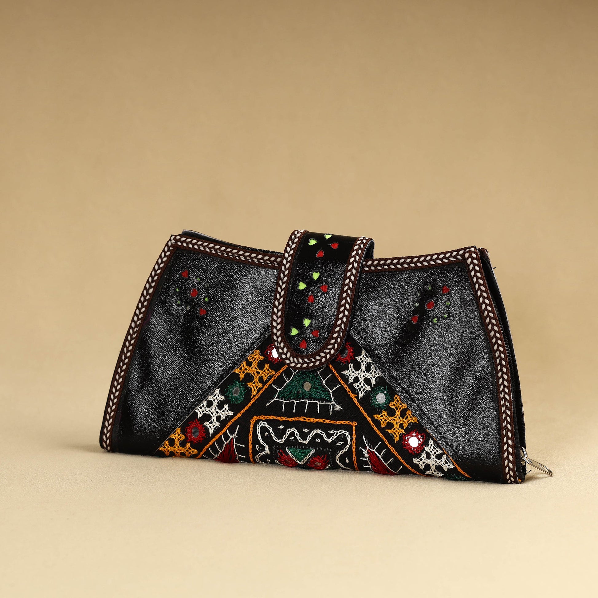 Black - Kutch Embroidery Cotton Handmade Leather Wallet 47