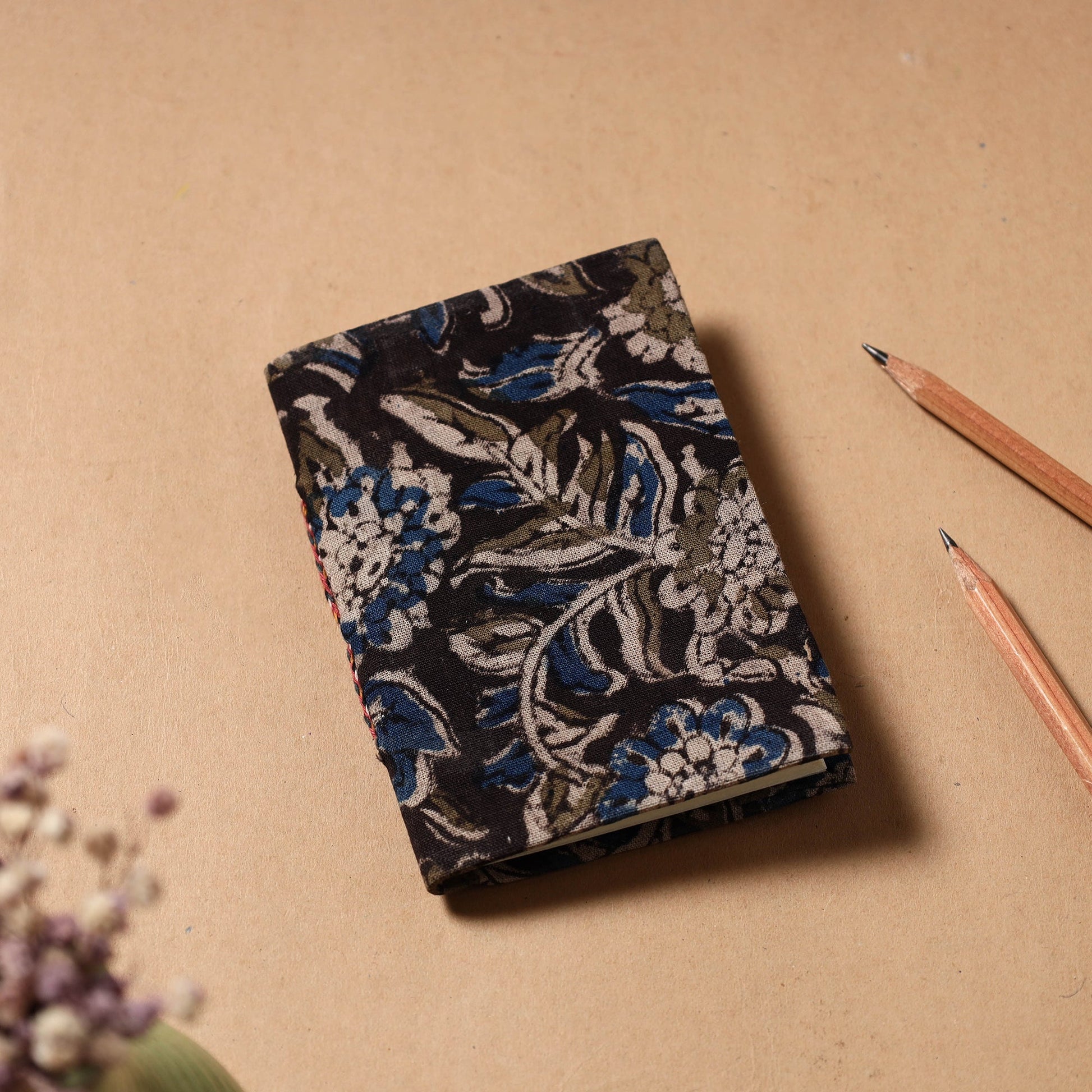 Black - Kalamkari Fabric Cover Handmade Paper Notebook (5 x 3 in)