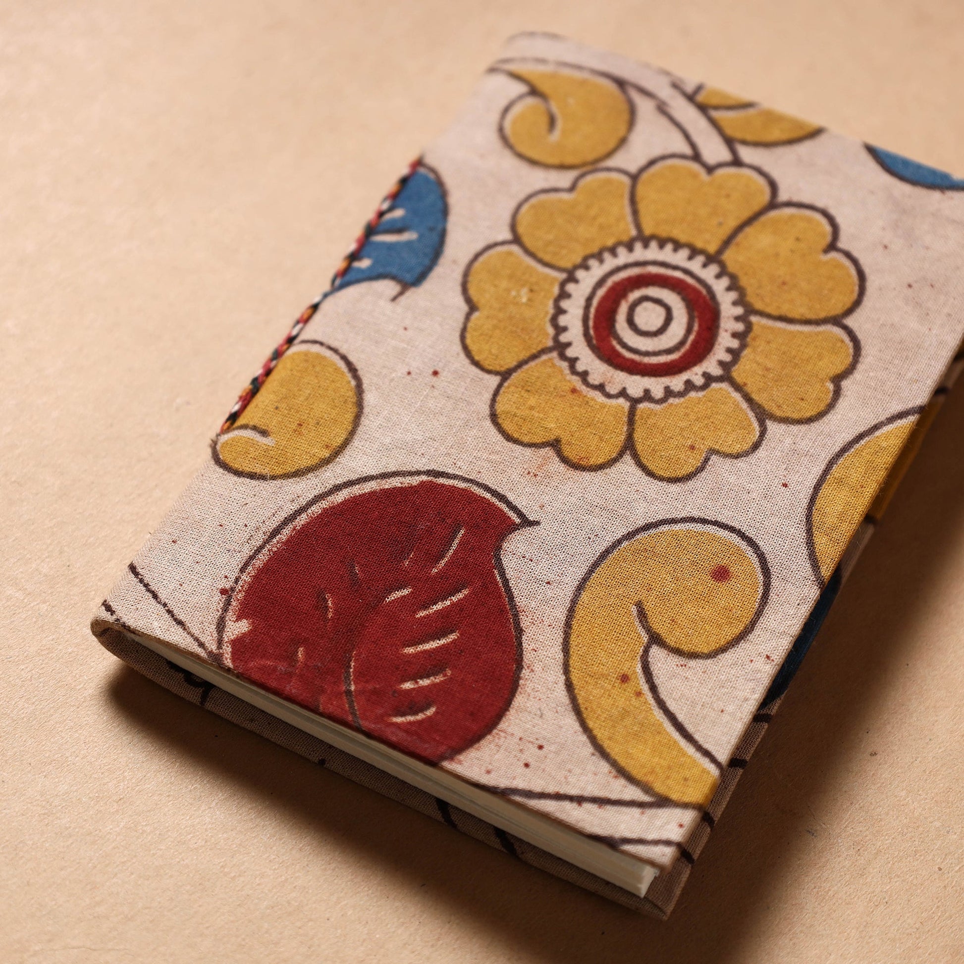 Beige - Kalamkari Fabric Cover Handmade Paper Notebook (5 x 3 in)