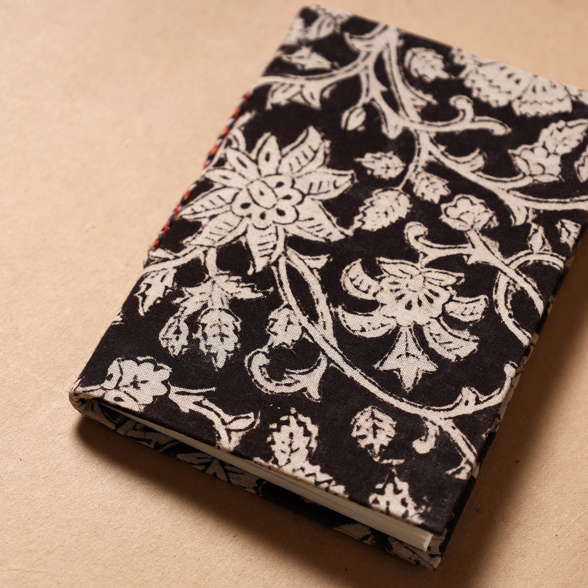 Black - Kalamkari Fabric Cover Handmade Paper Notebook (5 x 3 in)
