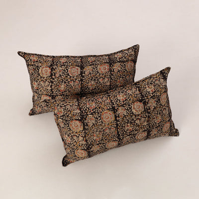 Black - Set of 2 Kalamkari Block Print Cotton Pillow Covers 33