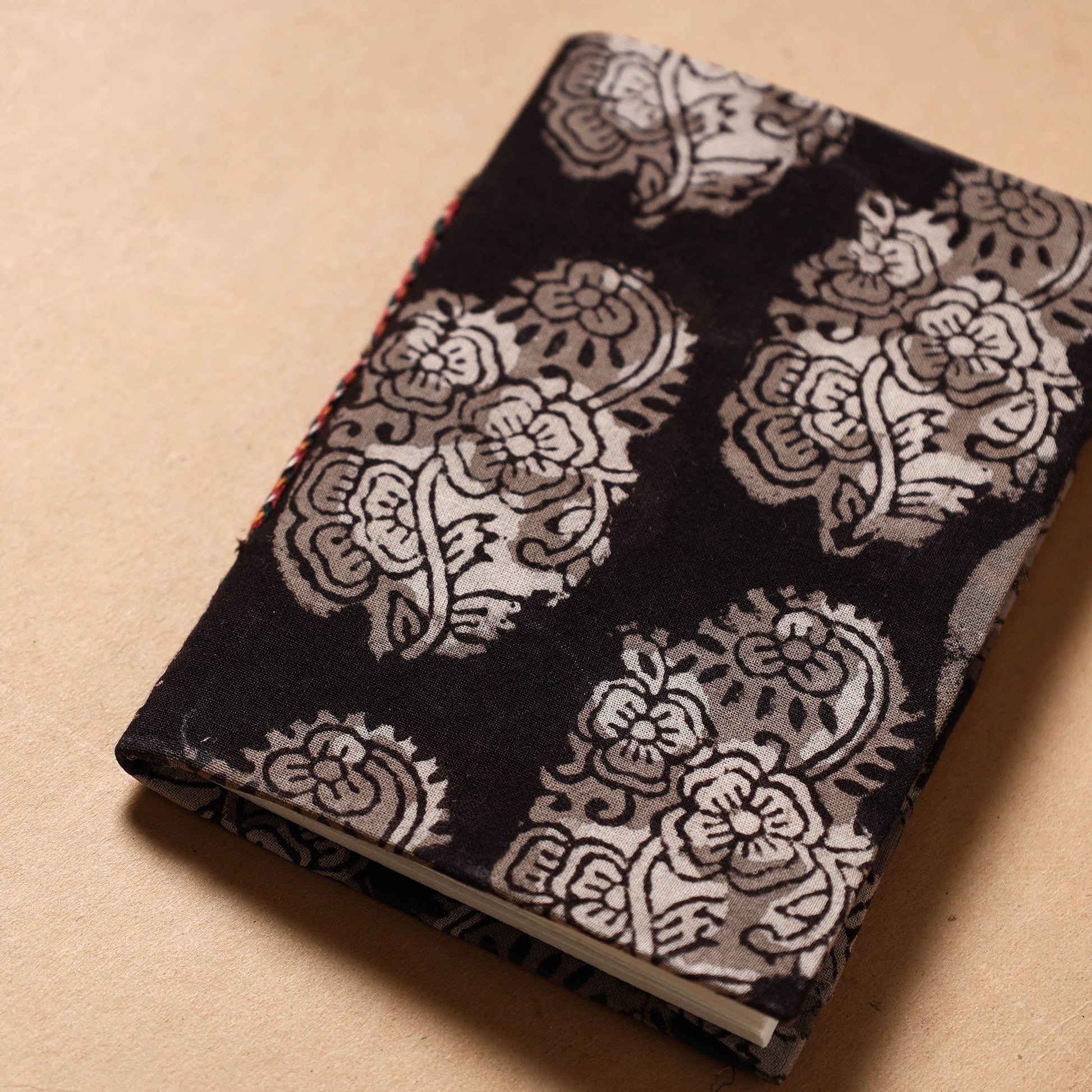 Black - Bagru Fabric Cover Handmade Paper Notebook (5 x 3.5 in)
