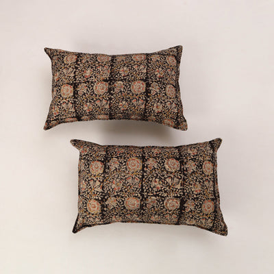 Black - Set of 2 Kalamkari Block Print Cotton Pillow Covers 33
