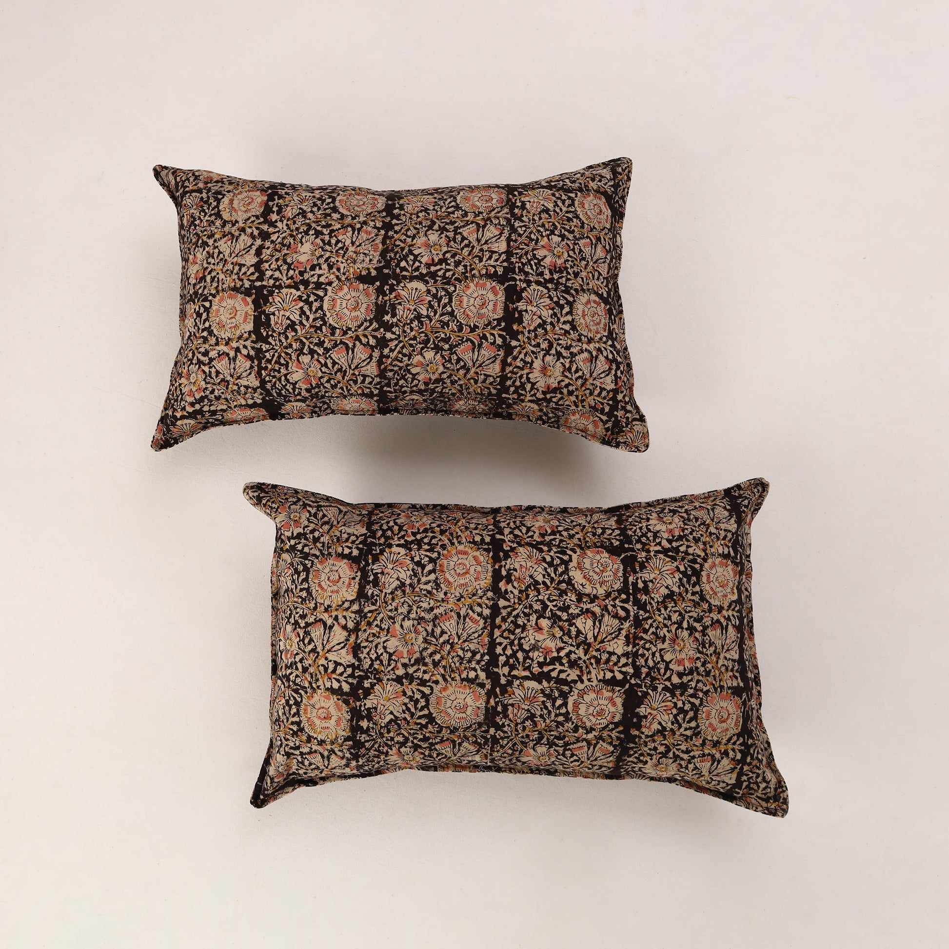 Black - Set of 2 Kalamkari Block Print Cotton Pillow Covers 33