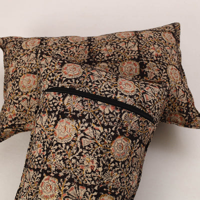 Black - Set of 2 Kalamkari Block Print Cotton Pillow Covers 33