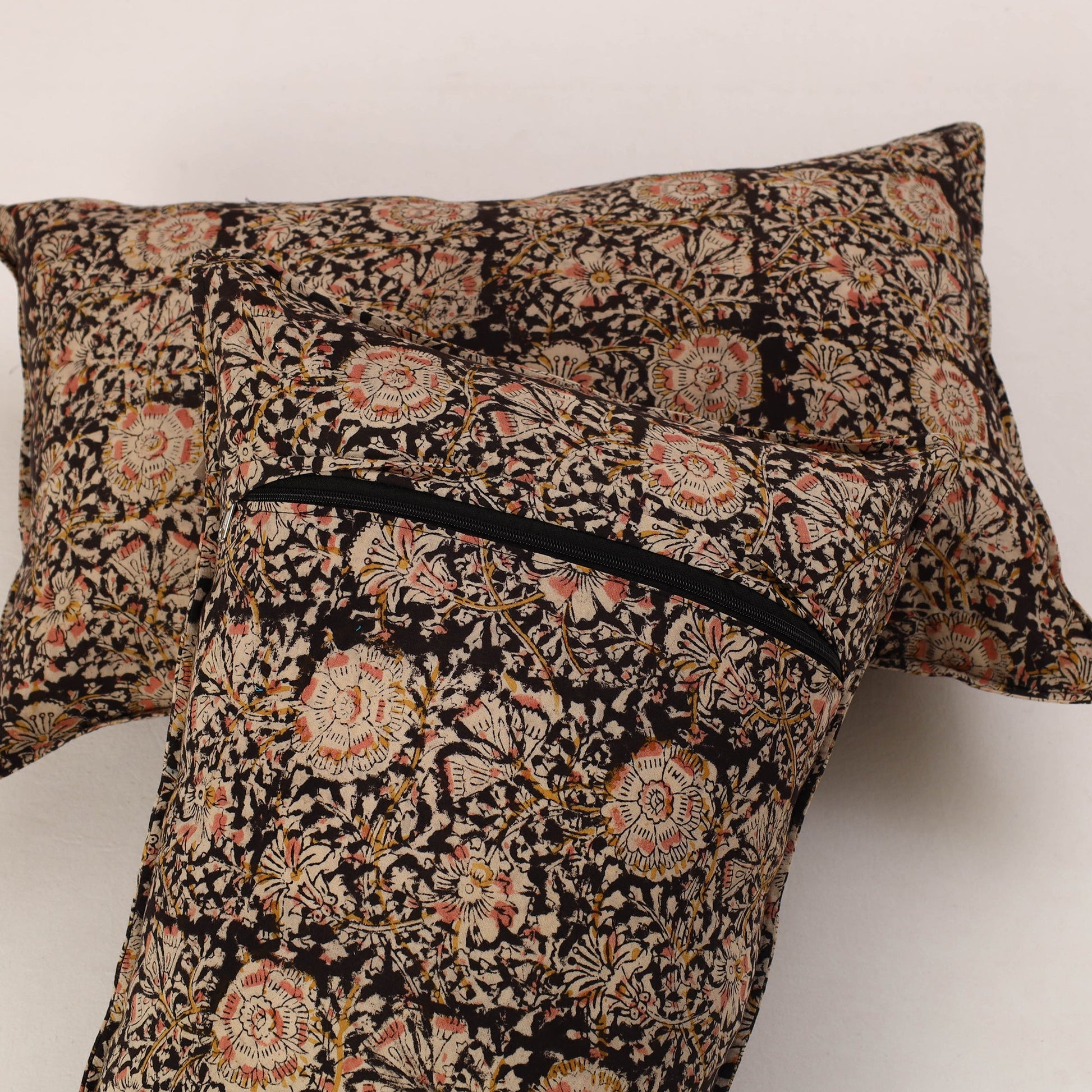 Black - Set of 2 Kalamkari Block Print Cotton Pillow Covers 33