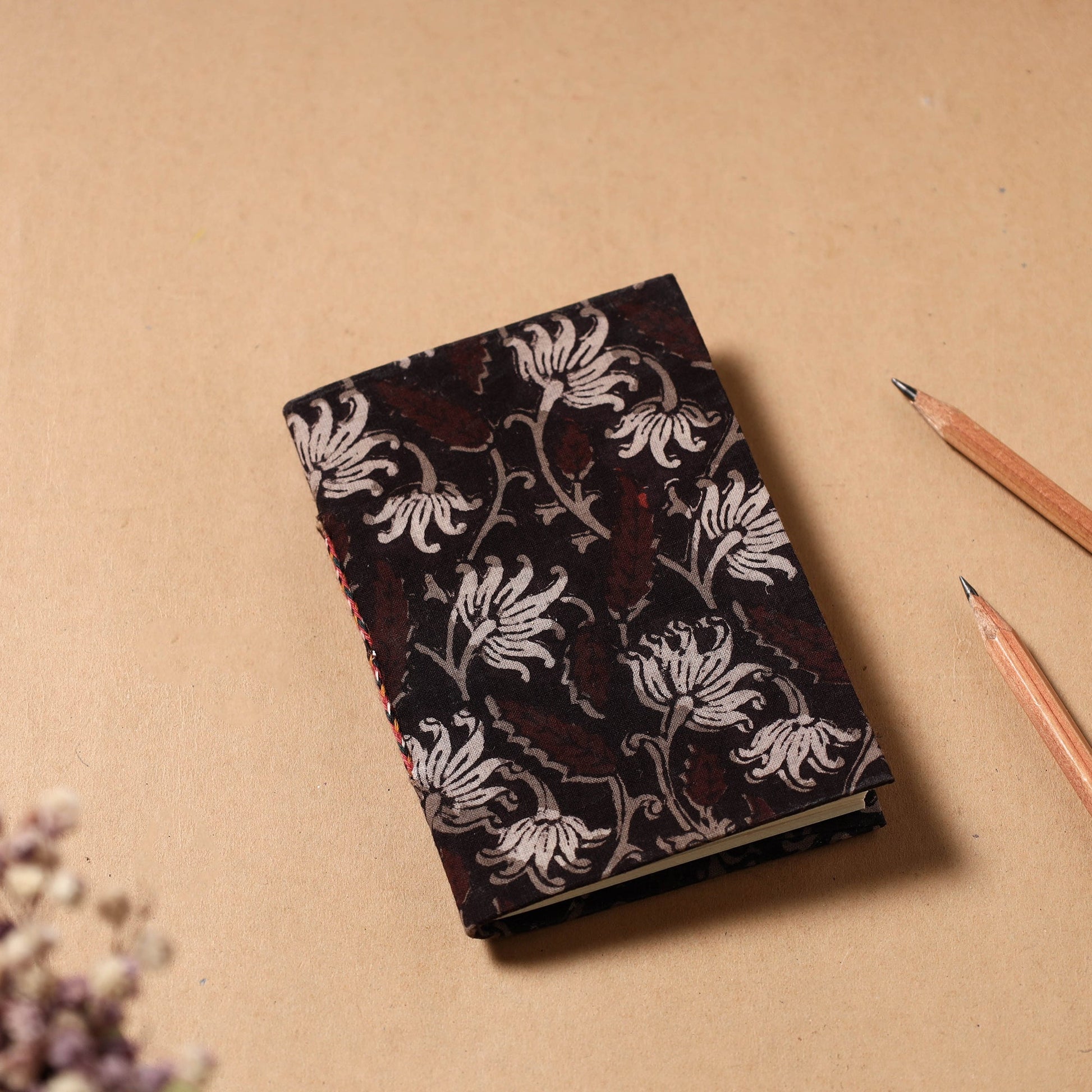 Black - Bagru Fabric Cover Handmade Paper Notebook (5 x 3.5 in)