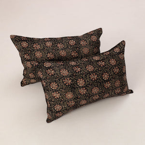 Black - Set of 2 Kalamkari Block Print Cotton Pillow Covers 35