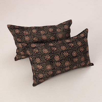 Black - Set of 2 Kalamkari Block Print Cotton Pillow Covers 35